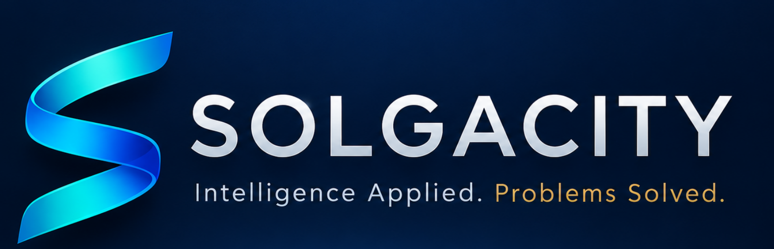 Solgacity official ribbon S logo and Intelligence Applied. Problems Solved. tagline
